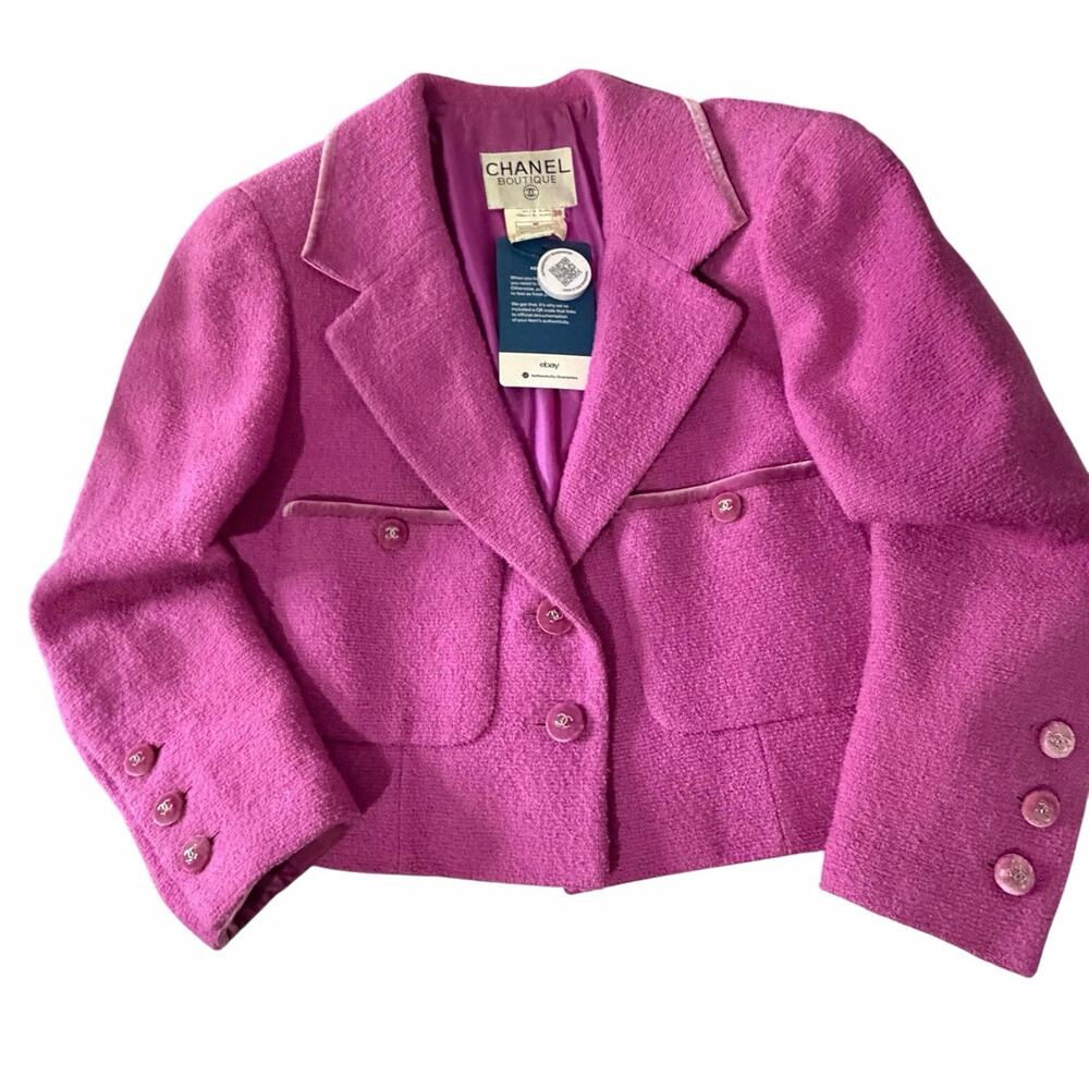 CHANEL Boutique 1996 Spring 96P Orchid Purple Velvet Tweed Jacket FR 38 M 8-10